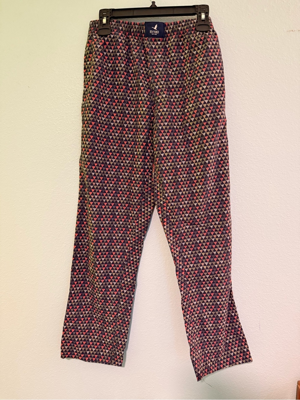 Ben Parker Navy Triangle-Print Casual Pants with Coral and Cream Accents Size S